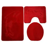 Ilkadim Delphin Badgarnitur 3 TLG. Set 55x85 cm einfarbig, WC Vorleger mit Ausschnitt für Stand-WC (rot)