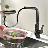 Wasserfall Wasserhahn Küche, Küchenarmatur Ausziehbar, 3 Modi Armatur Küche, LED-Digitalanzeige, Küchenarmatur Mischbatterie 360° Drehung, Spültischarmatur Küche, 59A Kupfer (Grau)