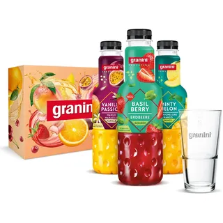 granini Sensation Geschenkset: Probierbox mit 1x Vanilla Passion (0,75l) + 1x Basil Berry (0,75l) + 1x Minty Melon (0,75l) + granini Cocktailglas (0,4l)