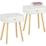 Relaxdays Nachttisch, 2er Set, Schublade, Marmor- & Holzoptik, HBT: 55x40x32 cm, Schlafzimmer, Nachtschrank, weiß/Natur