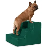 VELORA H&L Hundetreppe 3 Stufen Dunkelgrün - Stabile Holzkonstruktion mit Veloursbezug, rutschfeste Hundetreppe für Sofa und Bett, Haustiertreppe für Hunde und Katzen, Belastbar bis 80 kg
