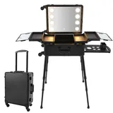 VonVVer Kosmetikkoffer Trolley mit 8 Beleuchtung - Kosmetikkoffer Groß mit Spiegel Make up Koffer Verstellbare Beinhöhe Schminkkoffer mit Rollen Friseurkoffer (Schwarz)