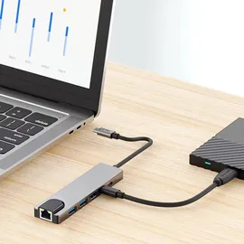 TECH-PROTECT HB02 6in1 USB-C HUB Adapter USB2.0 USB3.0 HDMI 4K 30Hz + RJ45 + PD100W Grau