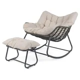 KOMFOTTEU Schaukelstuhl mit Hocker, übergroßer Gartensessel gepolstert mit abnehmbaren Sitzkissen, Relaxsessel aus Rattan mit Metallrahmen bis 15... - Beige