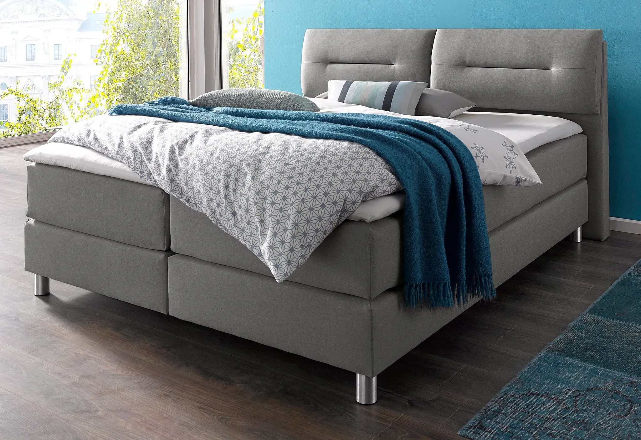 Boxspringbett MAINTAL, grau (hellgrau), Strukturstoff, Liegefläche B/L: 180cm x 200cm, H3, 7-Zonen-Tonnentaschen-Federkernmatratze, Bezug bei beige, anthrazit und hellgrau: pflegeleichter Strukturstoff (100% Polyester);Bezug bei weiß und schwarz: Kunstleder (100% Polyurethan);Spiegelfläche der Matratzen: Material angeben (100% Polyester), Komplettbetten, Boxspringbett, inkl. Topper