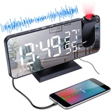 Projektionswecker, Digital Wecker mit Projektion 180°,Radiowecker Projektionsuhr Alarm Clock mit USB-Anschluss, 7" LED Spiegelbildschirm, Dual-Alarm, 12/24H, Snooze