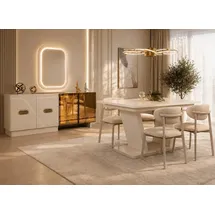 aea Edle Esszimmer Garnitur Designer Esstisch 4x Textilstühle Spiegel - Weiß