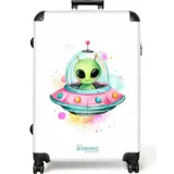 NoBoringSuitcases.com© Kinderkoffer Alien in einem bunten UFO 77 cm - 98 L, 8 Rollen, Großer Reisetasche mit Rollen für 30kg, Kinderkoffer bunt 51.5 cm x 77 cm x 28 cm