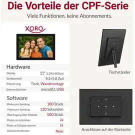 Xoro 11 Zoll WiFi Digitale Bilderrahmen, 1280x800 HD IPS Touch Display, 16GB Speicher, Automatische Rotation, Teilen Sie Fotos sofort von überall aus