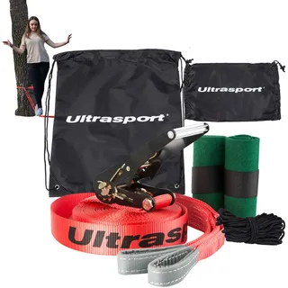 Ultrasport 25m Slackline Advance mit Ratsche inkl. Tragetasche, Slackline für Anfänger, Kinder und Familien, erhältlich mit Baumschutz, Slackline-Set, Fitness Slackline, rot