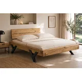 Home Affaire Massivholzbett HOME AFFAIRE "Ultima Balkenbett Doppelbett, Füße aus Metall in Y-Form", braun (eiche), B:218cm H:88cm L:228cm, Betten, Massivholzbett, FSC-zertifizierte Wildeiche oder Fichte, viele Breiten zur Auswahl