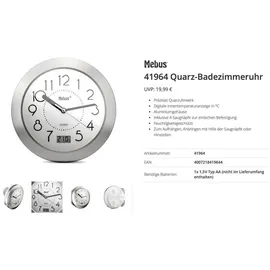 MEBUS Quarz Wanduhr 40 cm 41964 grau