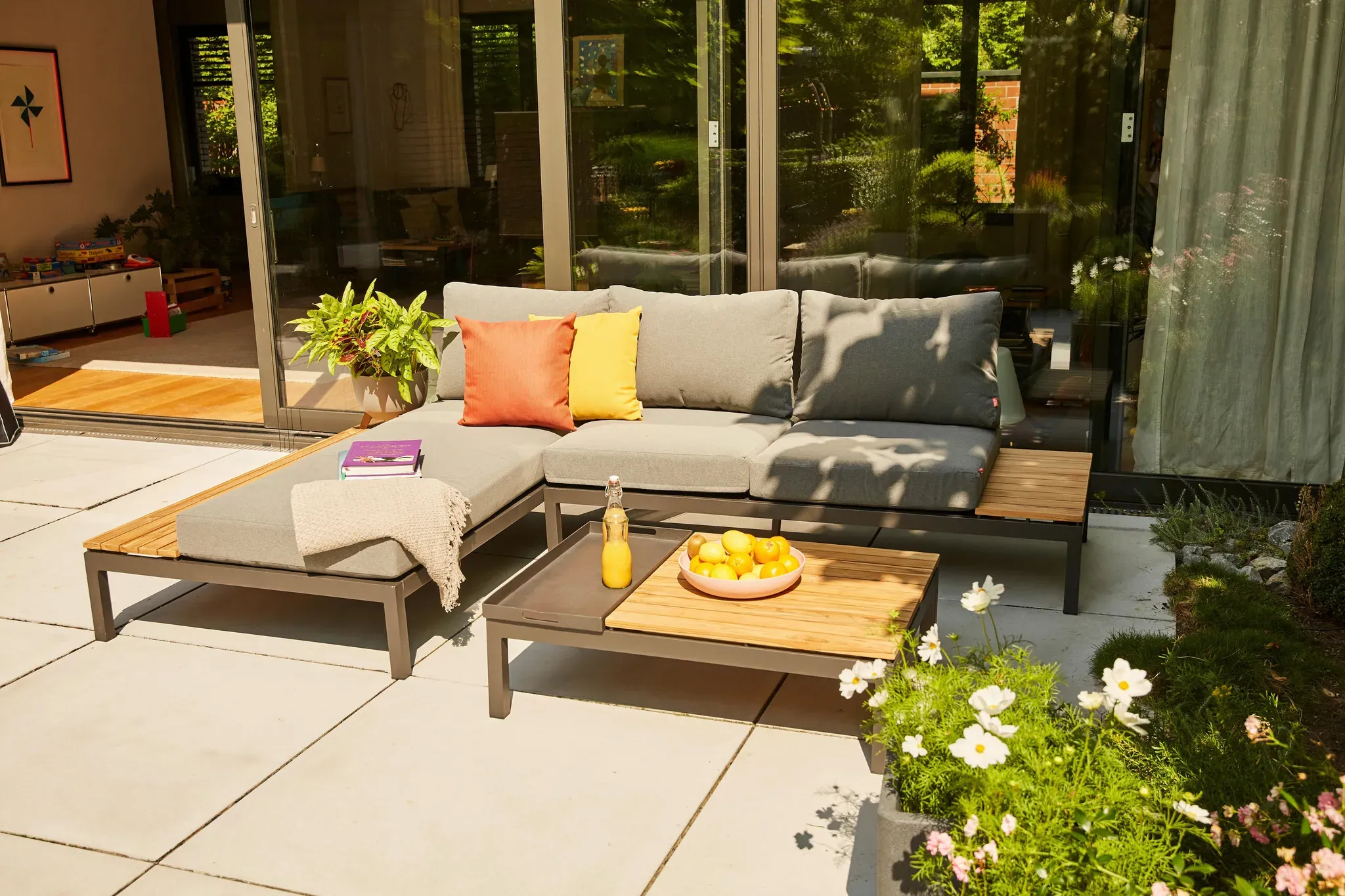 Modul-Loungegarnitur 3-tlg. Grau Teakholz