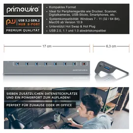 Primewire 8 Port USB 3.2 Gen.1 Port Hub - 8 x USB 3.2 Gen1, Davon 1x USB Ladeport smart Charge – 8 Port Verteiler mit Netzteil - Alugehäuse - für PC