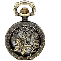 JewelryWe Retro Bronze Schmetterling und Blume Openwork Abdeckung Taschenuhr Quarz Uhr Umhängeuhr Kette Geschenk