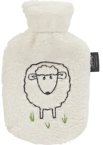fashy Wärmflasche 0,8l mit Flauschbezug und Stickerei Schaf Dolly - Weiß mit Stickerei Schaf Dolly