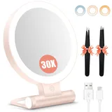 Schminkspiegel mit Beleuchtung,Doppelseitiger1X/30X Vergrößerungsspiegel mit Licht, 2000mAh 3 Farben Beleuchtungsmodi, Einstellbare Helligkeit, Faltbarer Kompakter Makeup Spiegel Reisegröße