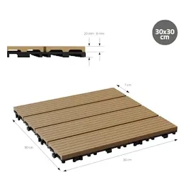 ECD Germany WPC Terrassenfliesen 30x30 cm/22 Stück=2m2, Teak geriffelt, Holzoptik, Bodenbelag mit Klicksystem und Drainage, Terrassendielen Balkonfliesen,