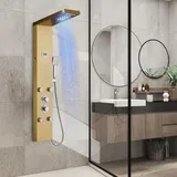 OUGOO Gold Duschpaneel mit Armatur, LED Regen- & Wasserfall-Funktion Duschpaneele Komplett mit 2-Typ-Massagedüsen, Temperaturdisplay und Handbrause, Edelstahl