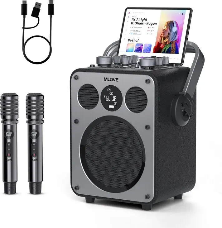 Mlove Rangers D5 Professionelle Karaoke-Anlage für Erwachsene mit Bluetooth und 2 kabellosen Mikrofonen, tragbares PA-System-Lautsprecher, Aufnahme-, Hall- und Gitarrenverstärkerfunktion, ideal für Hauspartys und Outdoor-Veranstaltungen, 200 W – Schwarz