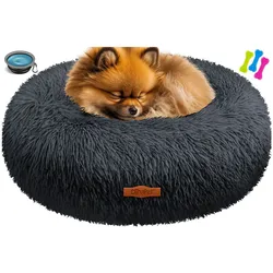 LOVPET® Hundebett Hundekissen Katzenbett Bagel, Waschbar, Inkl. Napf + 3x Kauknochen, Hundesofa flauschig Kissen Rund aus Plüsch für Kleine, Mittelgroße & Große Hunde, Katzen