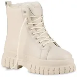 VAN HILL Damen Warm Gefütterte Plateau Boots Stiefeletten Blockabsatz Schuhe Profilsohle Schnürer Kunstfell Booties 201799 Beige 40