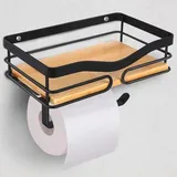 Famanu Toilettenpapierhalter ohne Bohren – Multifunktionale Wandhalterung mit Holzablage (schwarz)