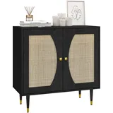 HOMCOM Küchenbuffet Bohemian Design Aufbewahrungsmöbel Doppeltüren mit 2 Ebenen, Front aus Rattan 80 x 38 x 79 cm schwarz