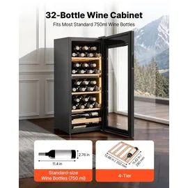 Vevor Weinkühlschrank für 32 Flaschen, Freistehender Flaschenkühlschrank mit Doppelzonen, Einstellbarer Temperatur von 5 °C bis 18 °C und Glastür, für Hausbar, Büro, Bar, Rotwein, Weißwein, Champagner