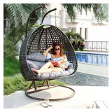purehaven Hängesessel für 2 Personen 145x120x202 cm Rattan-Kunststoffgeflecht mit Kissen braun/kupfer