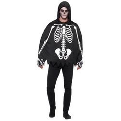 Smiffys Kostüm Skelett Poncho, Kapuzenumhang mit Knochenprint schwarz