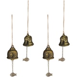 Relaxdays Windspiel Glocken, 4er Set, Feng Shui Glockenspiel, buddhistische Motive, Garten, Metall, Klangspiel, Gold