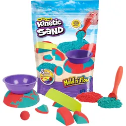 Spin Master Kinetic Sand Mold n’ Flow, 680g roter und türkiser Spielsand, 3 Werkzeuge, sensorisches Spielzeug fü