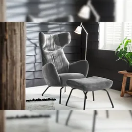 KAWOLA Sessel LOTTE Ohrensessel velvet silber mit Hocker