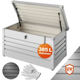 Gardebruk GARDEBRUK® Auflagenbox 385L Hellgrau wasserdicht Abschließbar Gasdruckfeder 120x62cm Wetterfest Garten Balkon Keller Gartenbox Metall inkl. Handschuhe Gasdruckfedern Weiß
