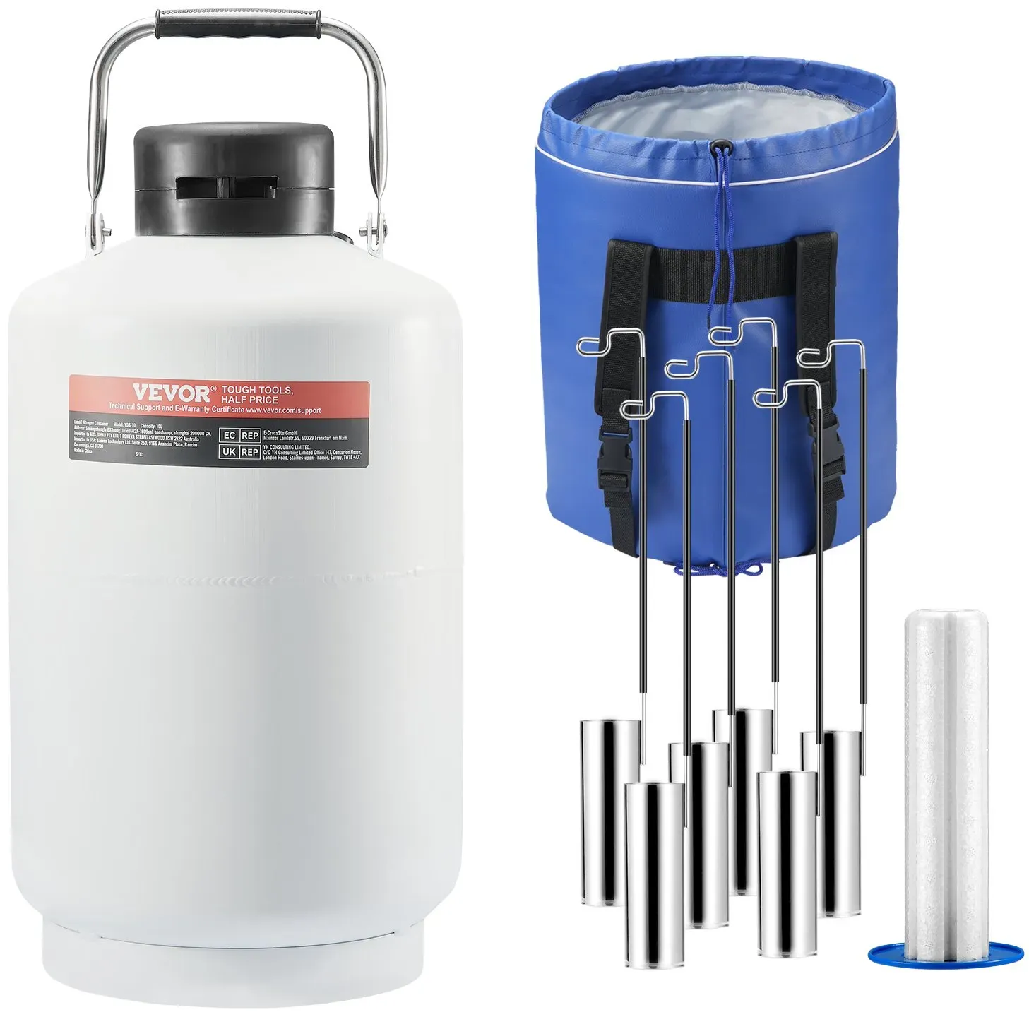 VEVOR Flüssigstickstofftank, 10 l Flüssigstickstoffbehälter aus Aluminiumlegierung, LN2-Tank-Dewar mit 6 Kanistern und Tragetasche mit Riemen, Kryogener Tank für die Schönheitsindustrie, Samenkonservierung, wissenschaftlich