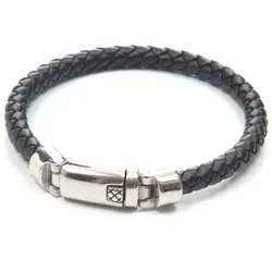 Lederarmband FIRETTI "im sportlichen Design, geflochten", schwarz (edelstahlfarben, schwarz), Armbänder, Herren, Edelstahl-Leder, Edelstahl, Leder