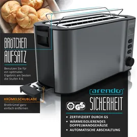 Arendo Toaster 4 Scheiben, Langschlitztoaster, Langschlitz, Edelstahl, 1500W, Display mit Restzeitanzeige, Brötchenaufsatz, Defrost Funktion, Wärmeisolierendes Gehäuse, Grau