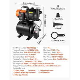 Vevor Hauswasserwerk 1,1 kW 5300 L/h 19 L Druckbehälter 51 m Förderhöhe