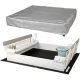 wondermake® Sandkasten mit Abdeckung Deckel Sitzbank und Boden, Sandkiste Holz quadratisch verschließbar mit Bank Outdoor Garten für Kinder, 120x120 cm, Tanne, weiß grau silber