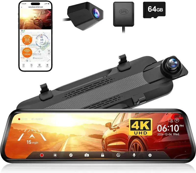 WOLFBOX G930 10 Zoll Rückspiegelkamera mit 5,8 GHz WLAN, 4K-Dashcam für Vorder- und Rückseite mit WDR, Rückspiegel mit Touchscreen und Backup-Funktion, Parküberwachung, Rückfahrassistent, inkl. 64 GB Speicherkarte & GPS