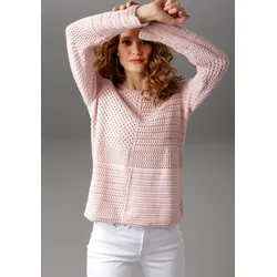 Rundhalspullover ANISTON CASUAL, Damen, Gr. 34, rosa (rosé), Feinstrick, Obermaterial: 100% Baumwolle, unifarben, Ajourstrickmuster, modisch, figurumspielend hüftlang, Rundhals, Langarm Strickkante, Pullover, mit trendig gemixten Ajour-Mustern