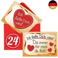 Adventino Adventskalender mit 24 Karten Ich Liebe Dich, Weil in 24 roten