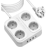 JSVER Steckdosenleiste Überspannungsschutz 4 Fach mit 4 USB Ladeanschlüsse, Mehrfachsteckdose mit USB C, Wandmontage(3680W 16A) Steckerleiste mit 5M Kabel für Smartphones, Laptop -Weiß