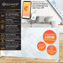 Kesser KESSER® Infrarotheizung Glaskonvektor Glasheizung Energiesparend 2in1 Standgerät & Wandmontage Elektroheizung mit Erkennung Offener Fenster + Fernbedienung & App-Steuerung Thermostat Heizpaneel