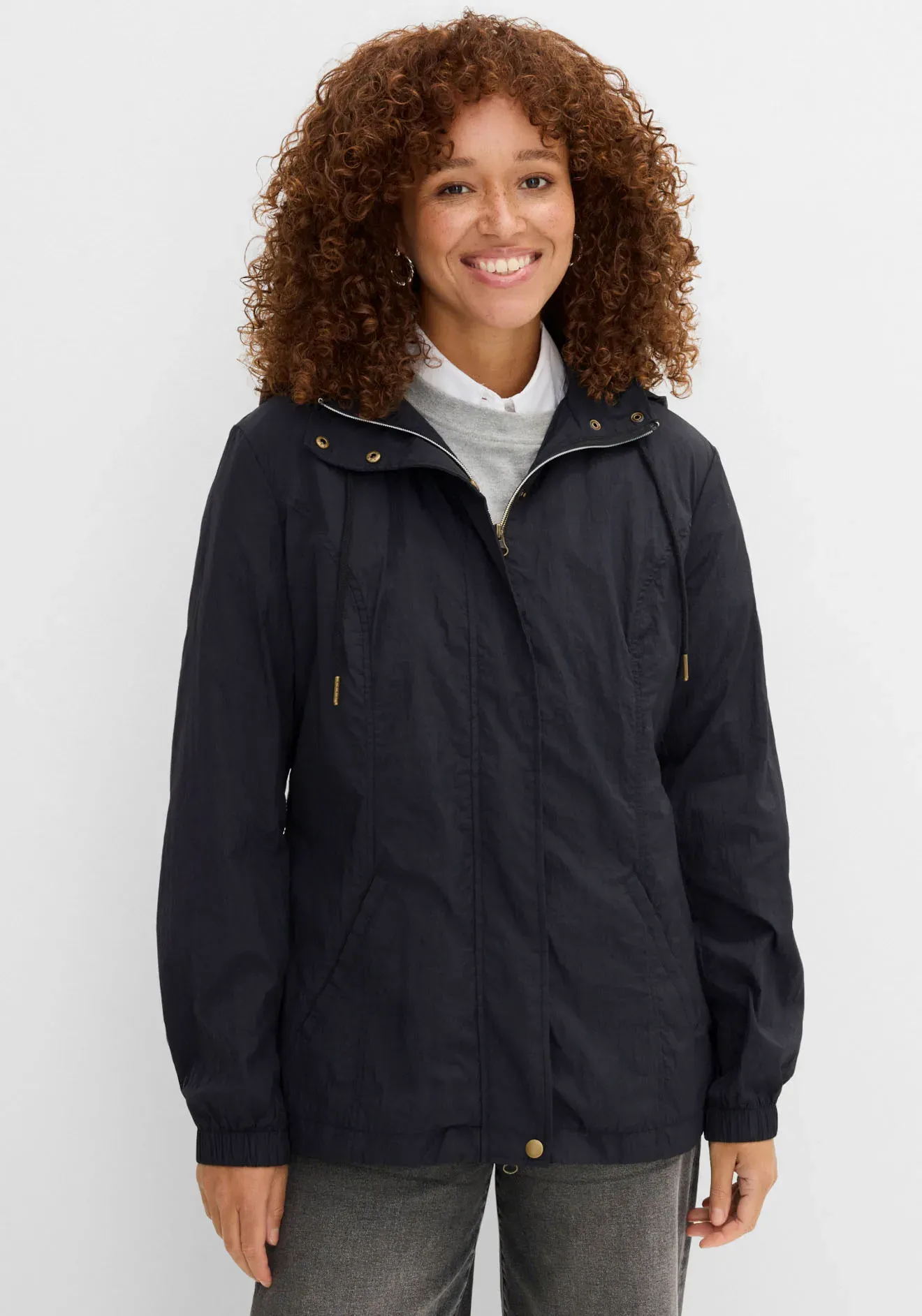 Allwetterjacke BONPRIX, Damen, Gr. 48, schwarz, Web, Obermaterial: 100% Polyamid, unifarben, bequem Po-bedeckend, elastischer Bund, Jacken, sportlicher Stil, leichter Parka mit Kapuze, mit seitlichen Taschen