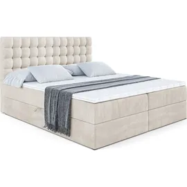 altdecor Boxspringbett mit Matratze und Lattenrost - VIONE - 140x200 cm - Beige Samt - Boxbett, Topper, Polsterbett mit Bettkasten, Bett mit Staura... - Creme