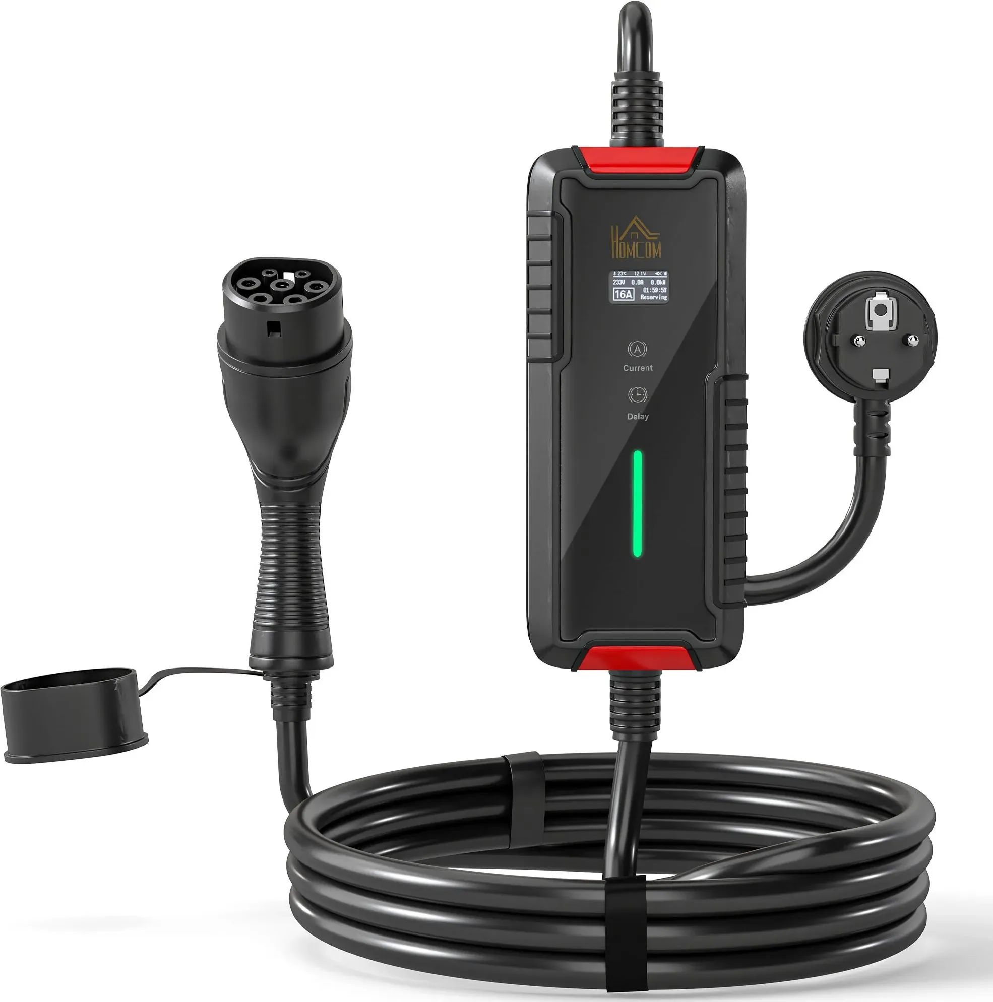 HOMCOM Ladekabel Elektroauto Typ 2 Schuko 3,5 kW 5 m, einstellbarer Strom 6-16 A, tragbares Ladegerät, Timer 1-12 h, digitales LCD, IP65, Wandhalterung, mit Tasche, für EV PHEV   Aosom
