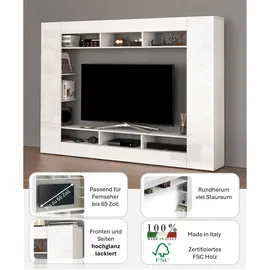 OTTO home Wohnwand OTTO HOME "SPEED, TV-Wand, Hochglanz lackiert,ideal für TV-Geräte bis zu 65 Zoll", weiß, B:216cm H:158,6cm T:30,4cm, Kastenmöbel-Sets, Wohnwand, Made in Italy, B/T/H: 216×30,4×158,6 cm, mit ca. 12 offenen Fächern