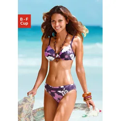 Bügel-Bikini LASCANA, Damen, Gr. 40, Cup B, lila (lila, bedruckt), Polyamid, Bikini-Sets, florales Design, Bikini-Hose mit Vordermieder, Hose mit Ziergürtel
